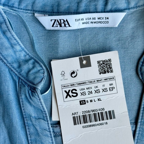NWT Zara Chambray Button-Down Drop Waist Shirt Dress withRuffle Hem Size XS - Picture 5 of 11